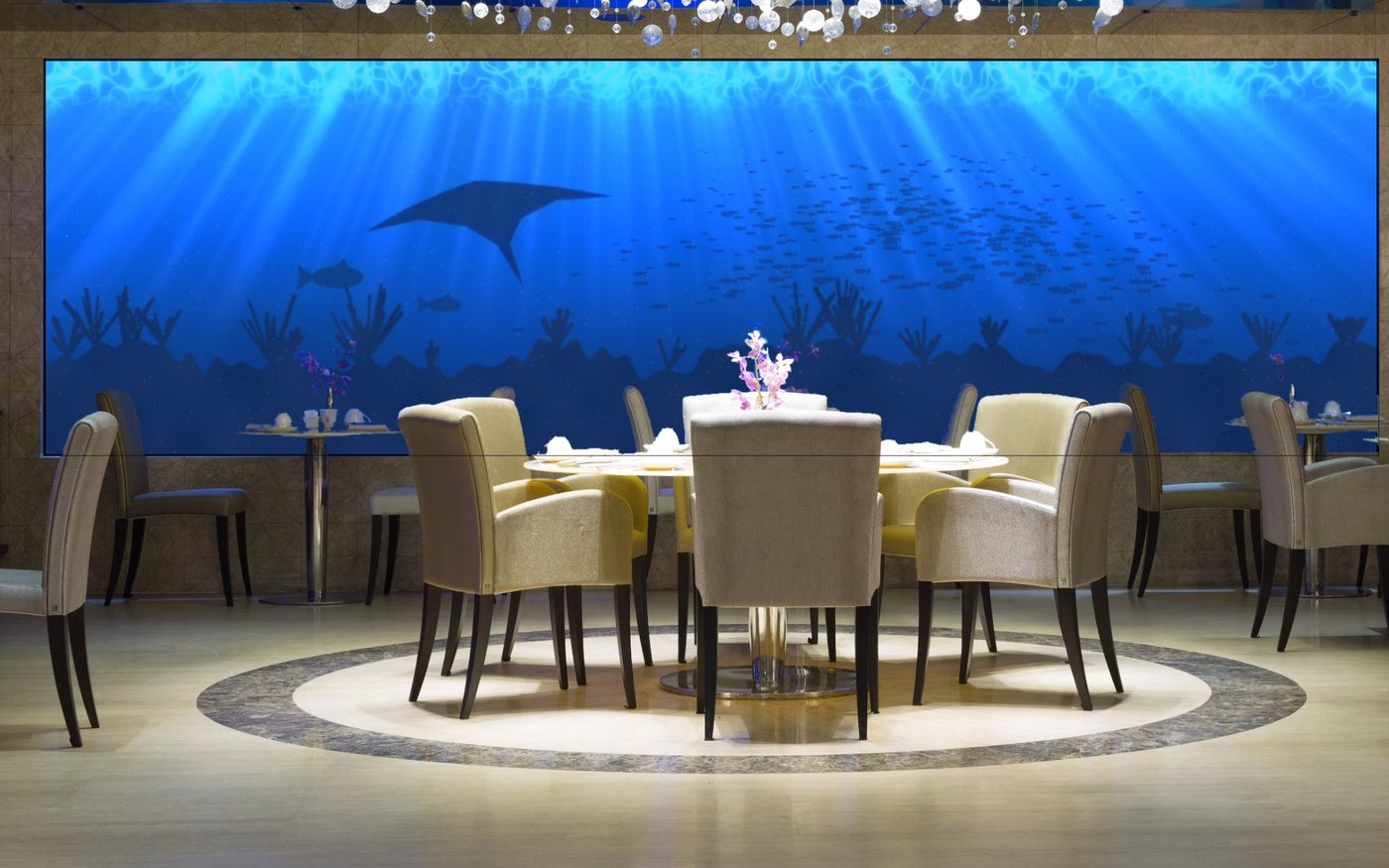 LED video wall showing an underwater scene in a restaurant dining room