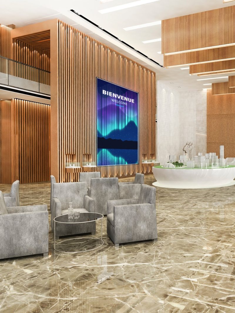 LED welcome wall in a hotel lobby