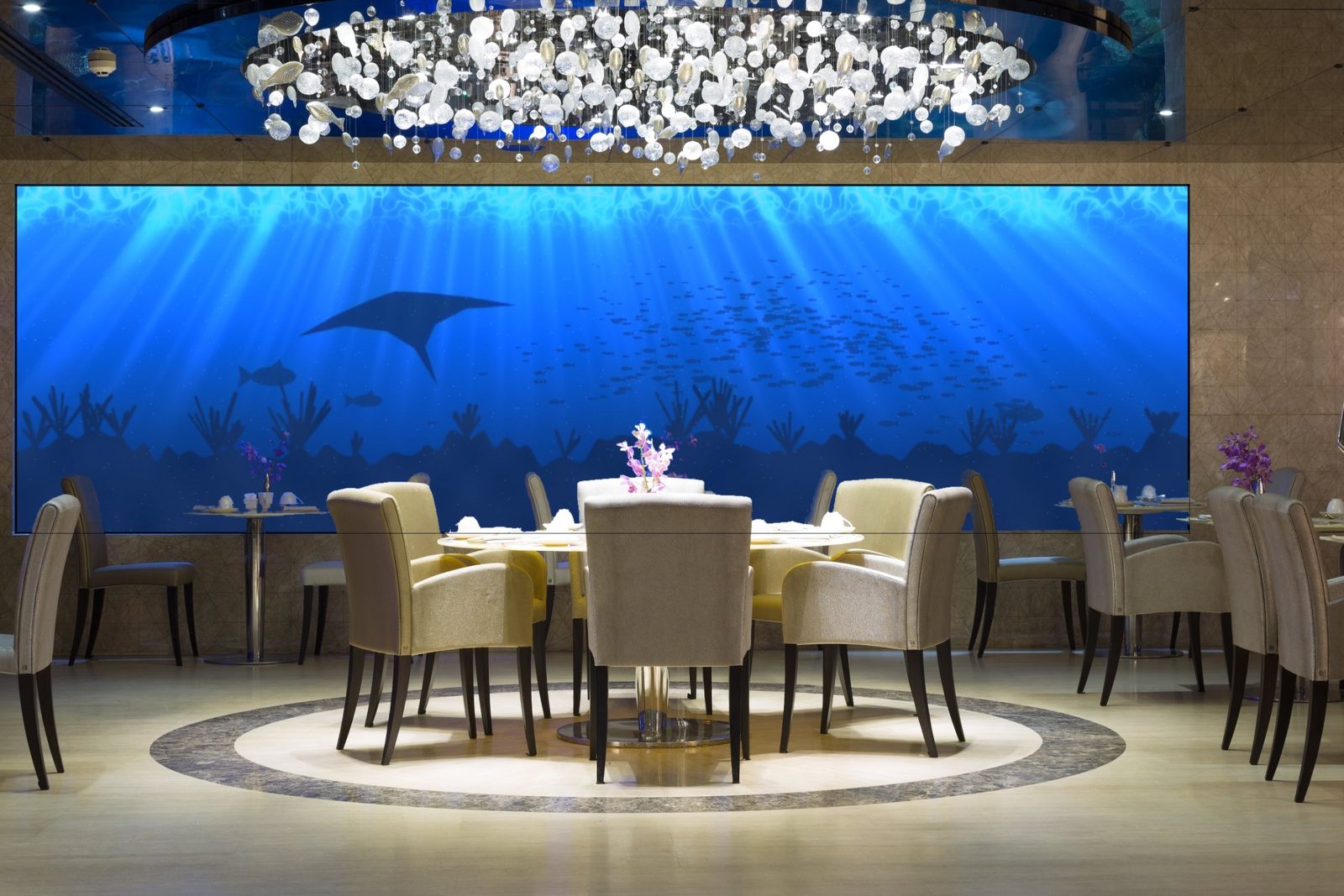 Mur vidéo DEL qui montre une scène sous-marine dans la salle à manger d’un restaurant